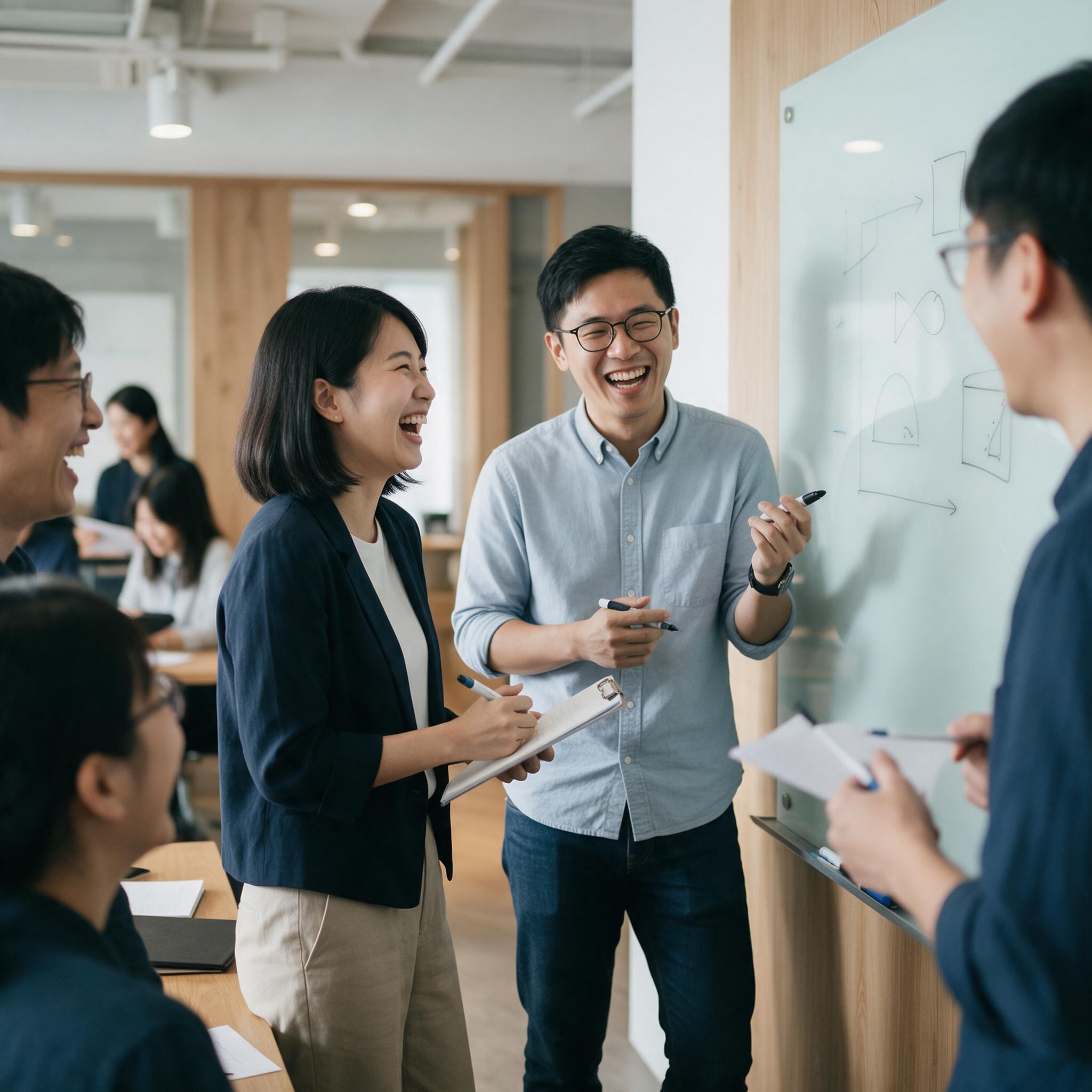 瑞集數位團隊：成員於白板前進行站立會議討論